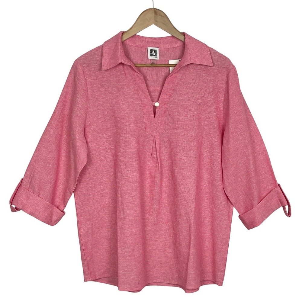 Anne Klein Women Pink Linen Blend Roll Tab Sleeve Tunic Top L Split Neck Coastal